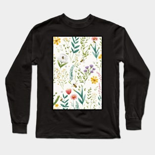 Floral Garden Botanical Print with Wild Flowers and Bees Long Sleeve T-Shirt